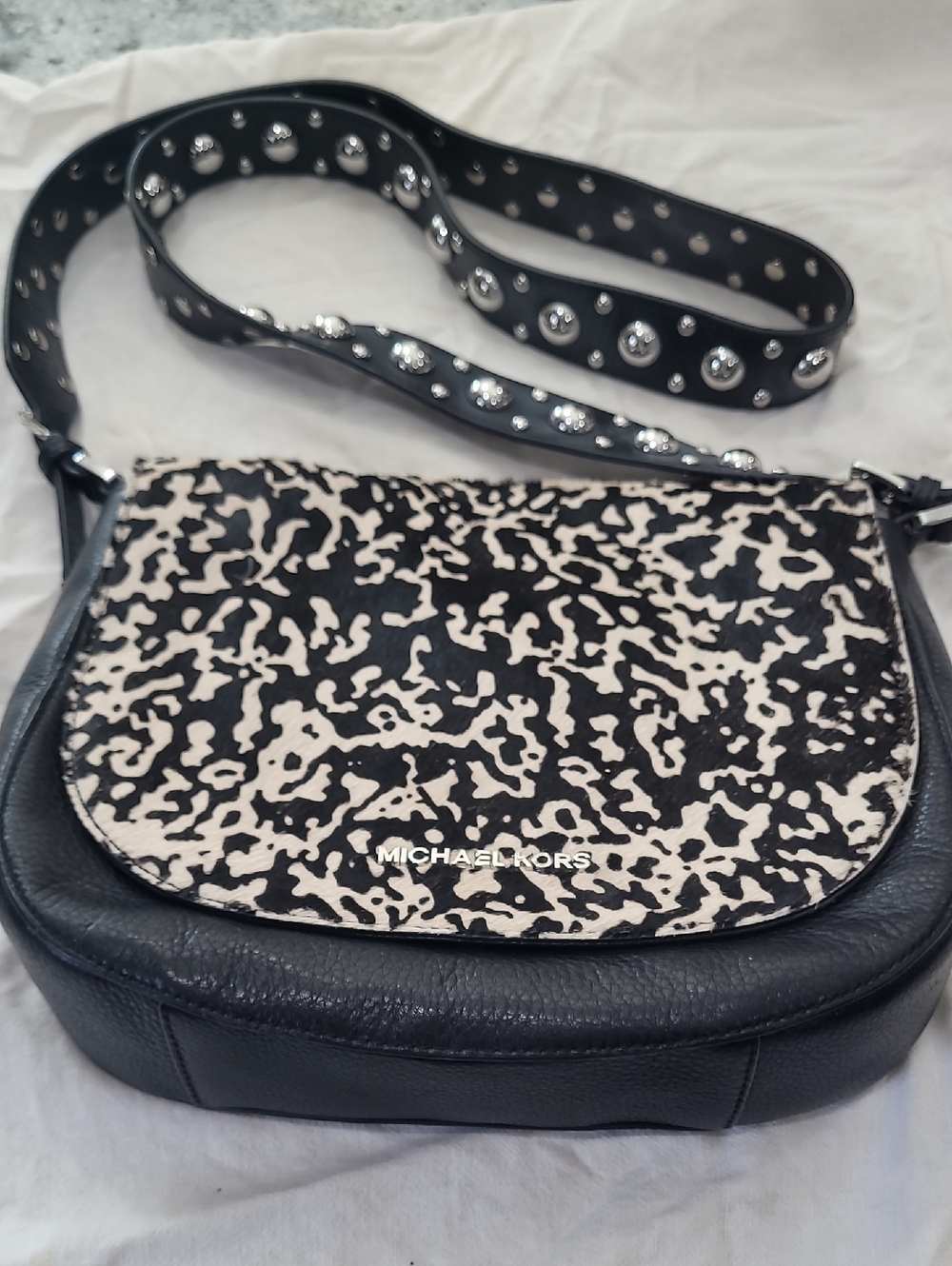 Michael Kors Black and White Patterned Leather Crossbody with Studded Strap
